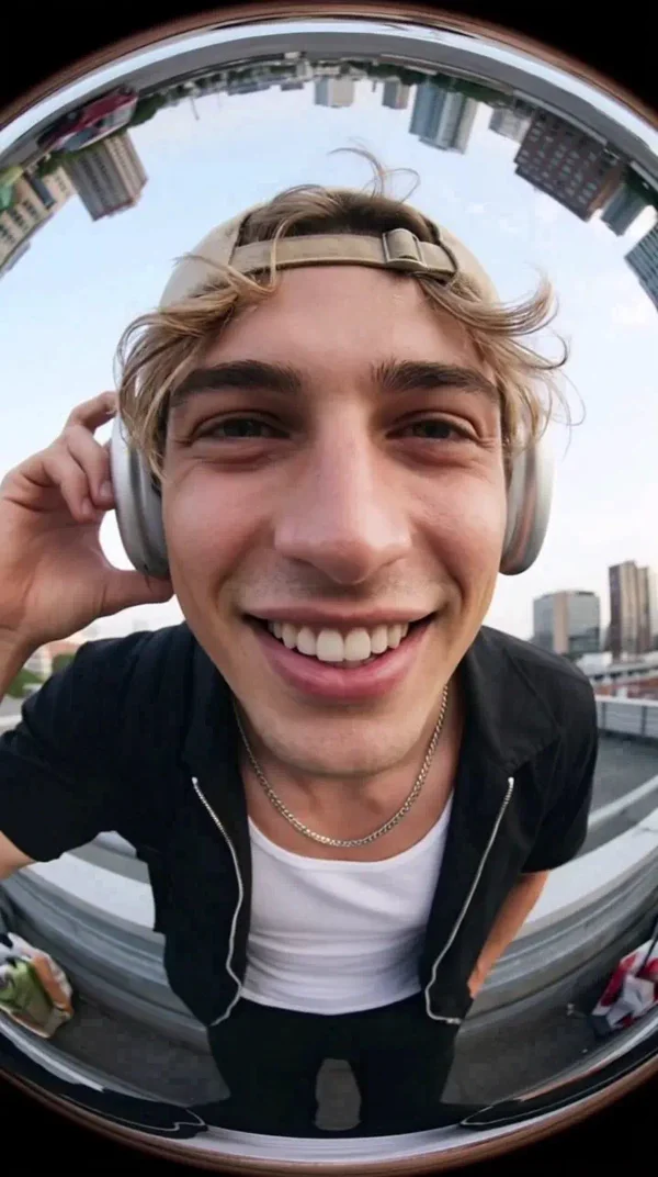 A smiling man seen through a wide-angle fisheye lens