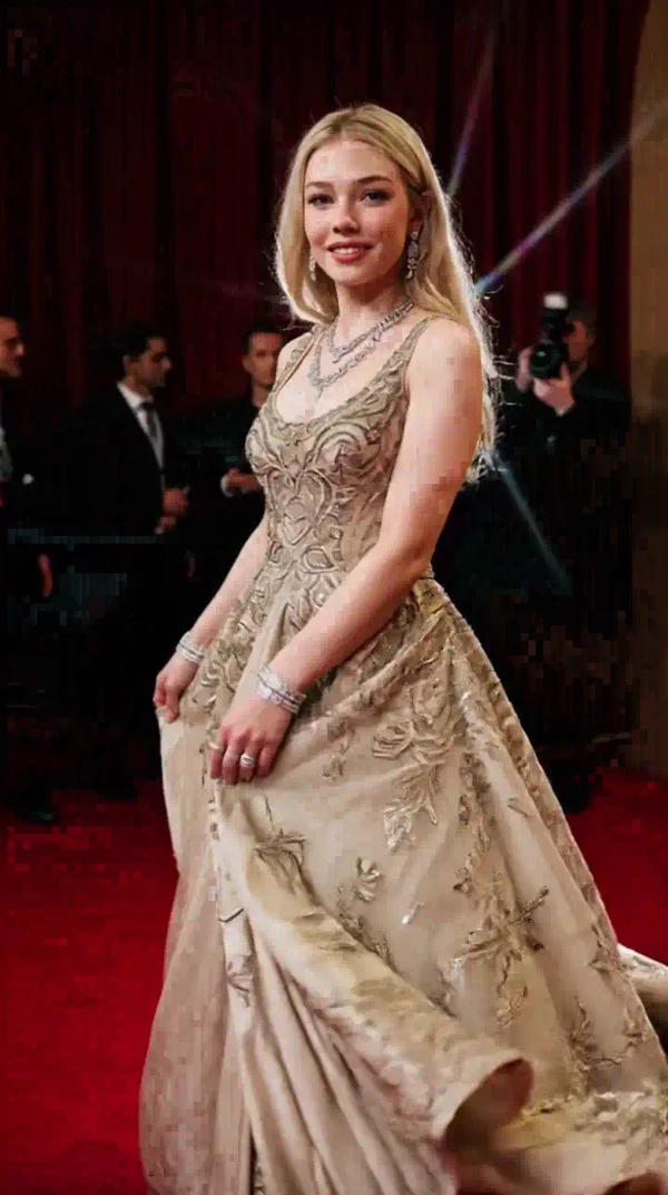 A woman in a gold gown having a red-carpet moment